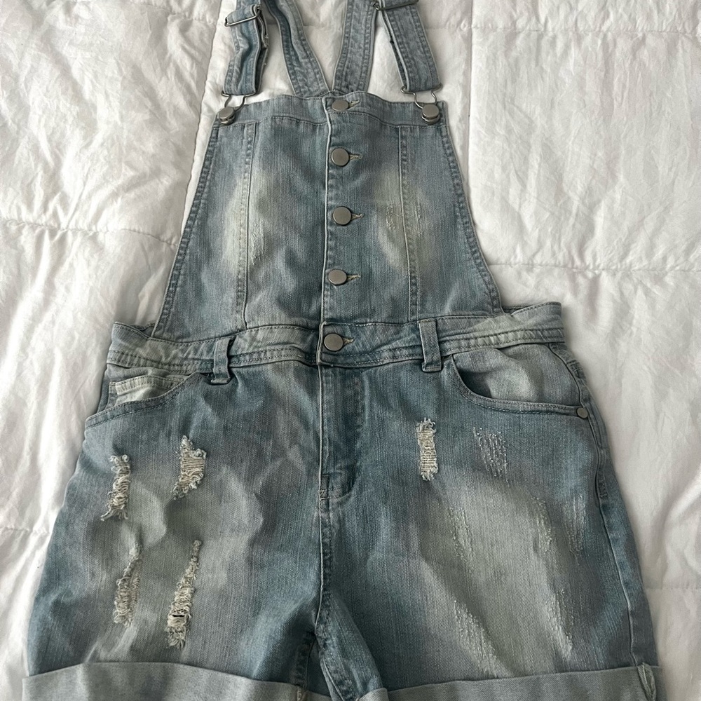 Harper Distressed Denim Short Overalls